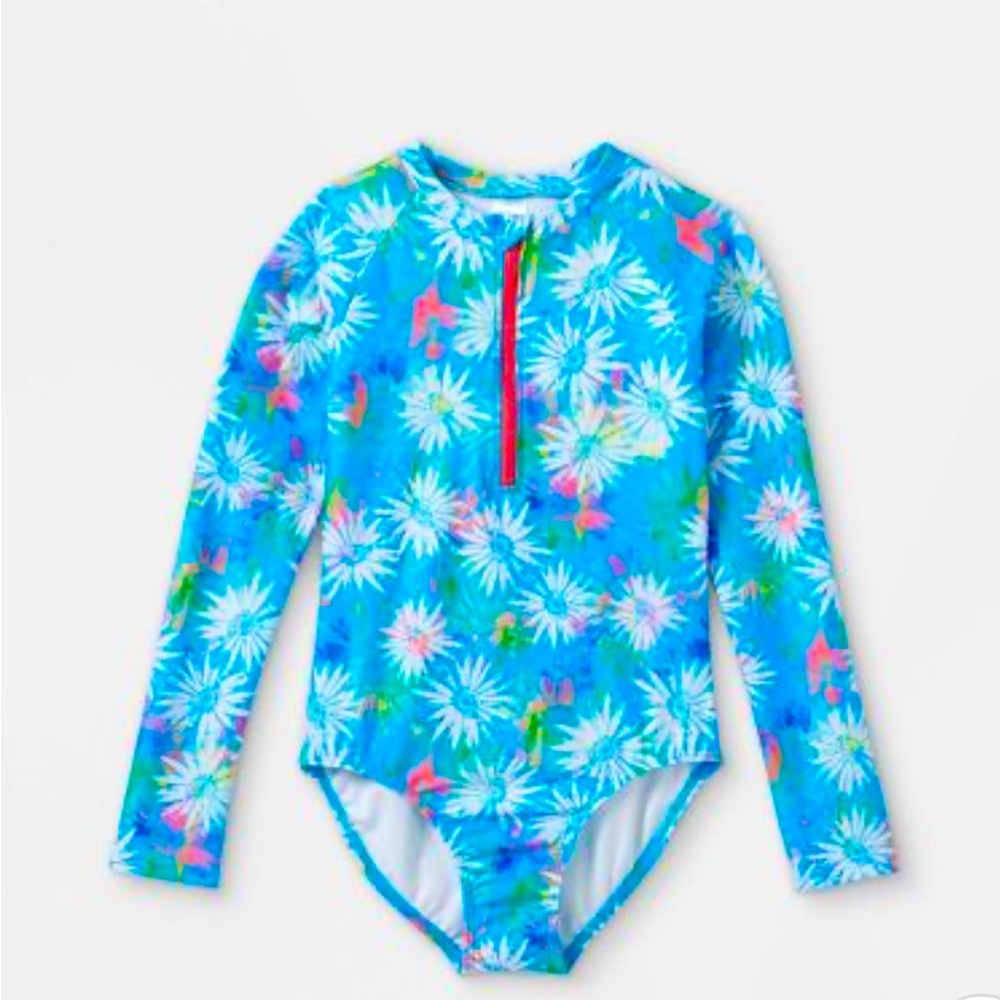 Like New Girls' Flower Zip-Front Long Sleeve One Piece Rash Guard - Cat & Jack🌴